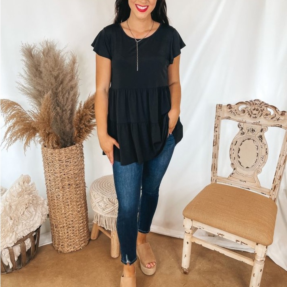 Giddy up Glamour Three Tiered Babydoll Top with Ruffle Cap Sleeves in Black - 2X